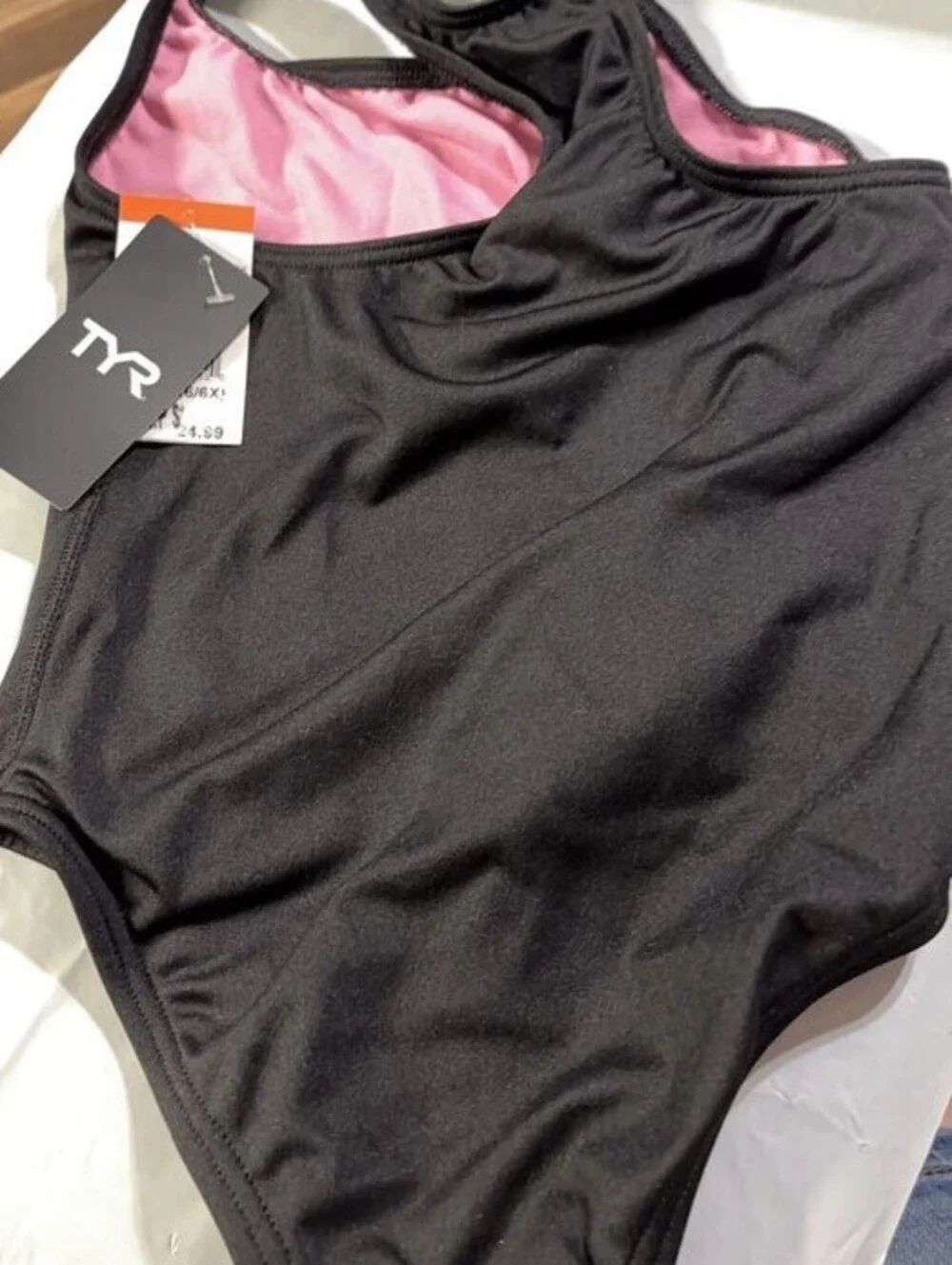 TYR Girls' Black One Piece Swimsuit with Pink Lining, Size 24, New with Tags
